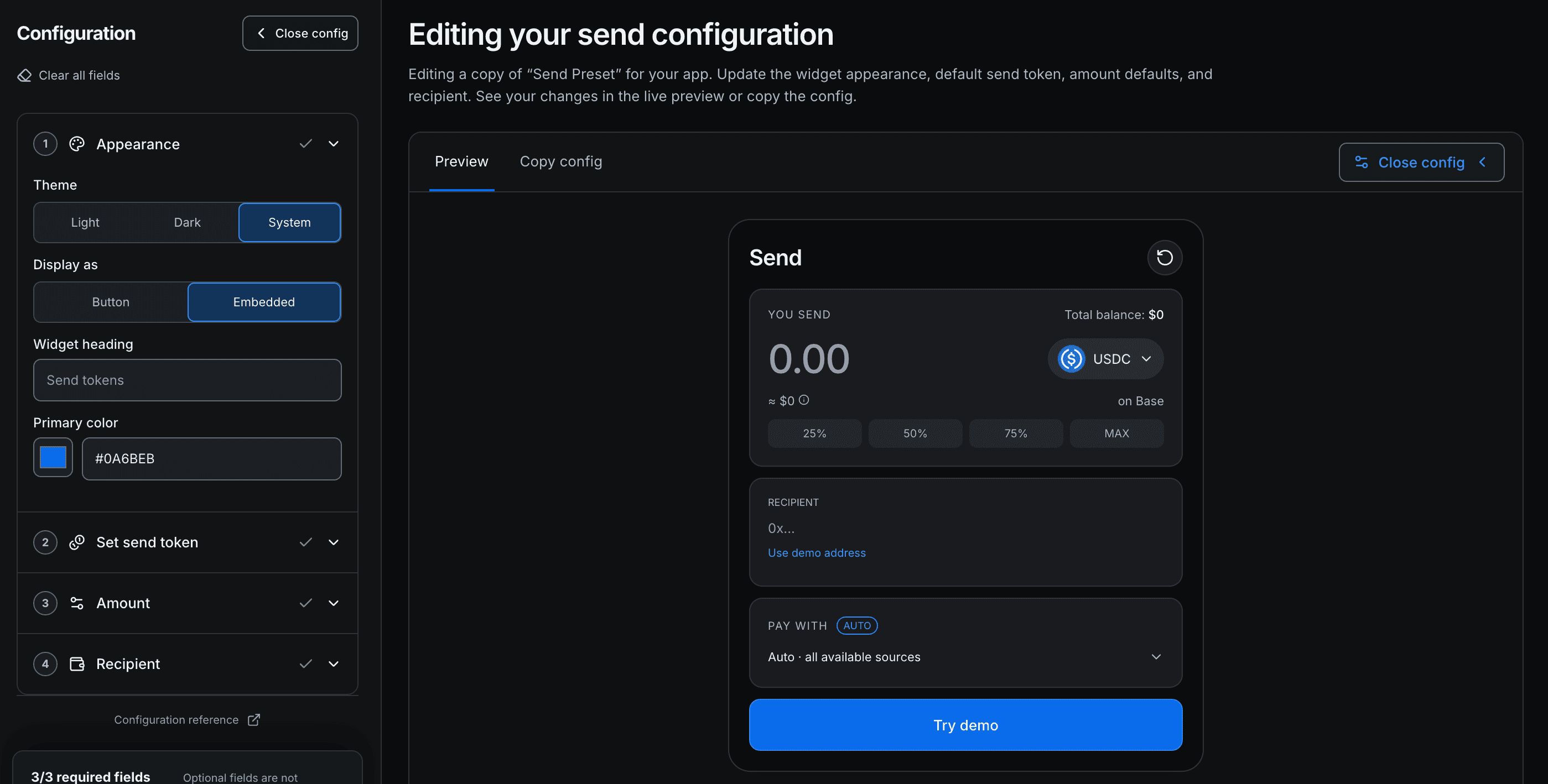 Send widget configuration editor showing appearance, token, amount, and recipient options