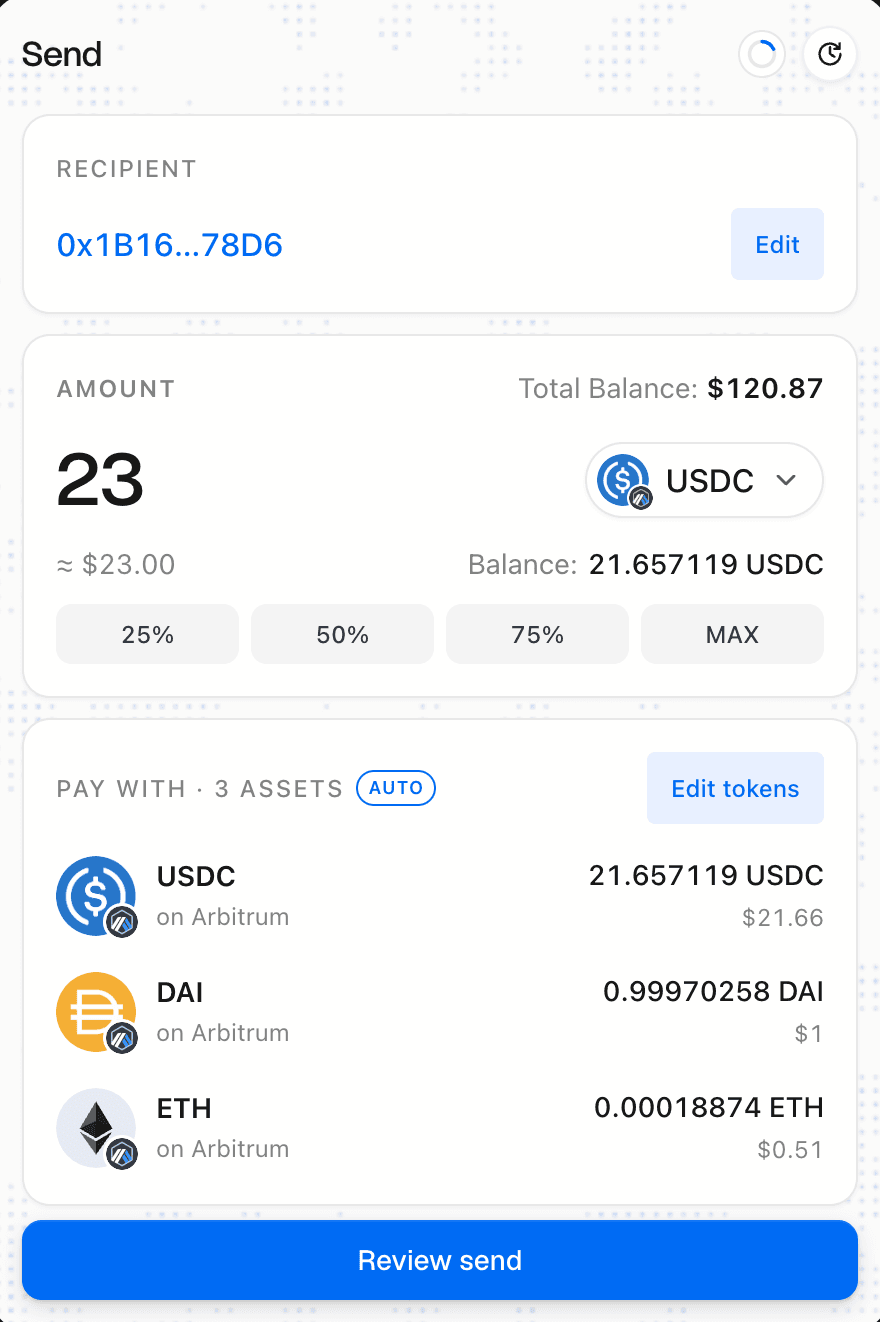 Send widget showing recipient, amount, and payment assets