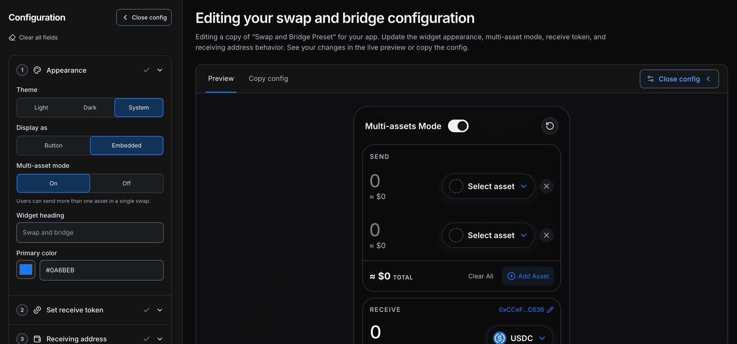 Swap and Bridge widget configuration editor showing appearance and multi-asset options